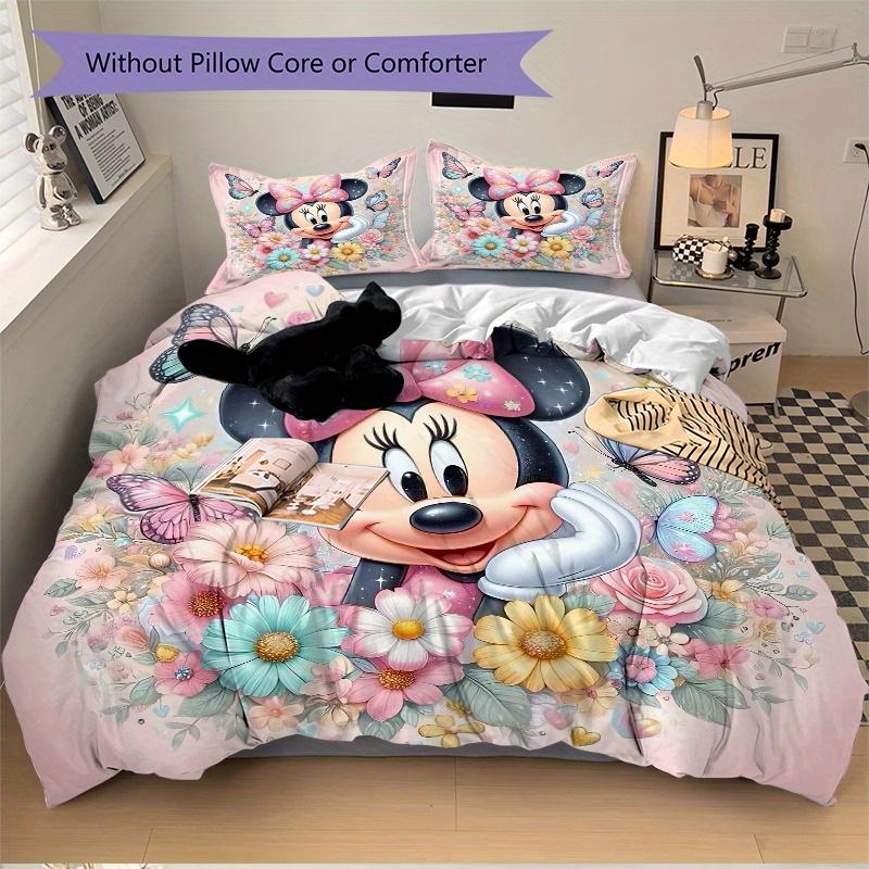 3pcs Cute Minnie Flower Bedding Set, Including 1 Quilt Cover and 2 Pillow Shams, Without Filling, Soft and Comfortable Home Bedroom Fabric, Fashi
