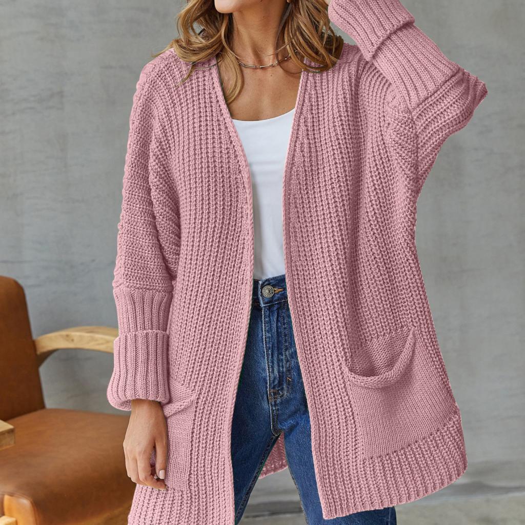 Женский повседневный вязаный кардиган большого размера с длинным рукавом и V-образным вырезом, свободный дышащий свитер средней длины с карманом, однотонное простое модное мягкое трикотажное пальто