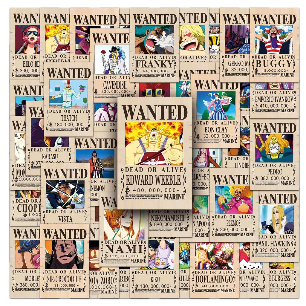 50 Наклеек-граффити с наградами за поимку из One Piece, персонализированное украшение в стиле японских комиксов, наклейки для мобильного телефона и чашки для воды