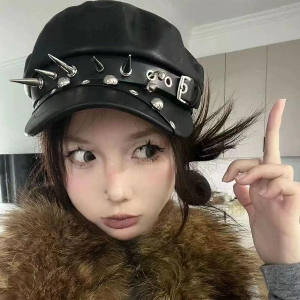 Dark Retro Gothic Spike Cap Lolita Cool Painter Hat Harajuku Rivet Punk Cap  Mens Women