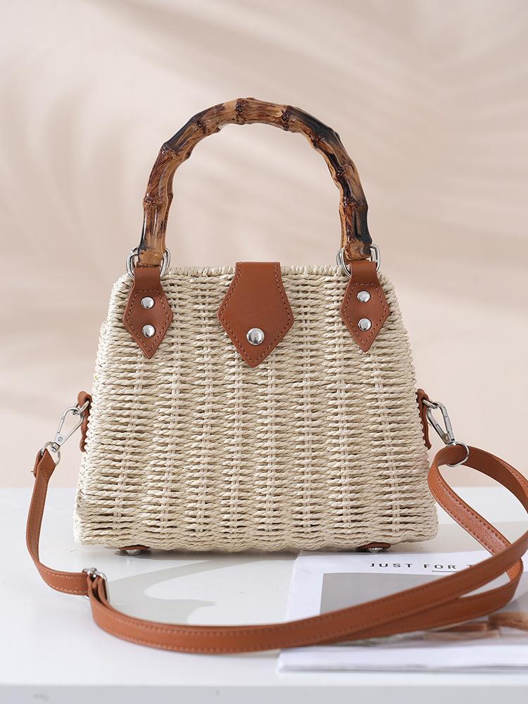Vintage Woven Straw Bag with Bamboo Handle, Shoulder & Handbag 2-in-1, Women's Bohemian Tote for Commute