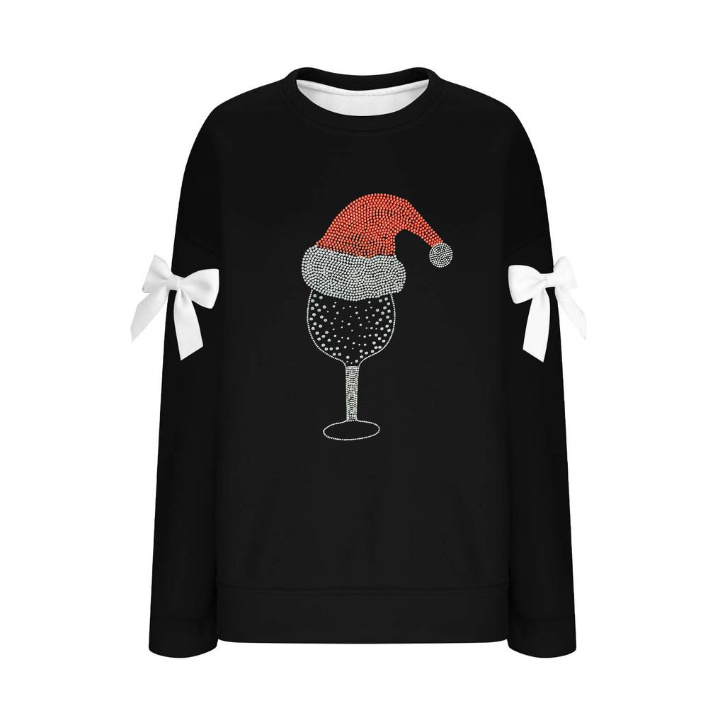 Ladies' Christmas Printed Bow Round Neck Long Sleeved Loose Pullover Sweater Sweatshirt Top