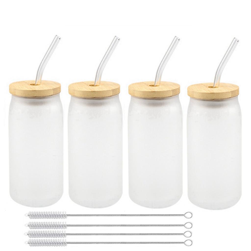 Набор из 4 стеклянных стаканов для колы, банок с бамбуковой крышкой и соломинками, многоразовые стаканы для питья, пивные банки, стаканы для кофе, молока