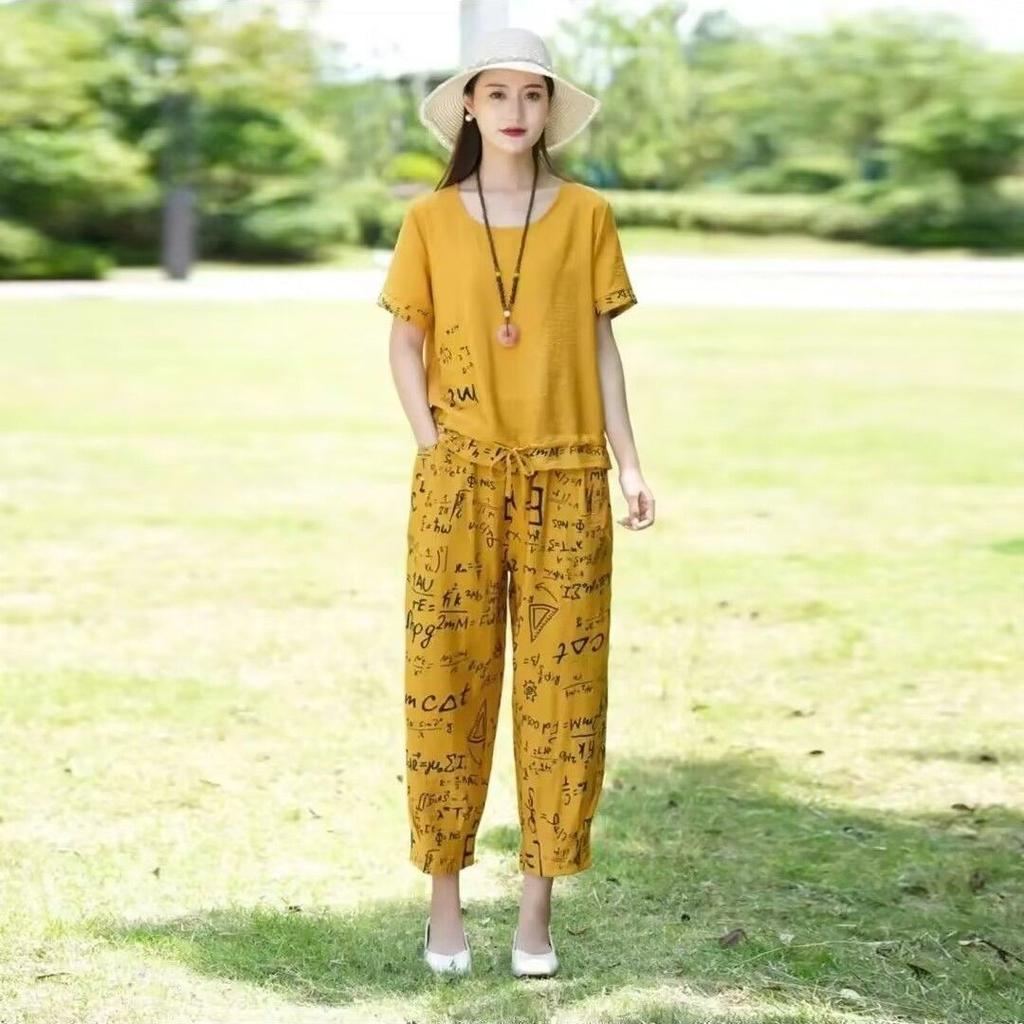 Women Cotton Linen Casual Short Sleeve T-Shirt Top Harlan Cropped Pant Suit Summer Fashion 2 Piece Set Plus Size