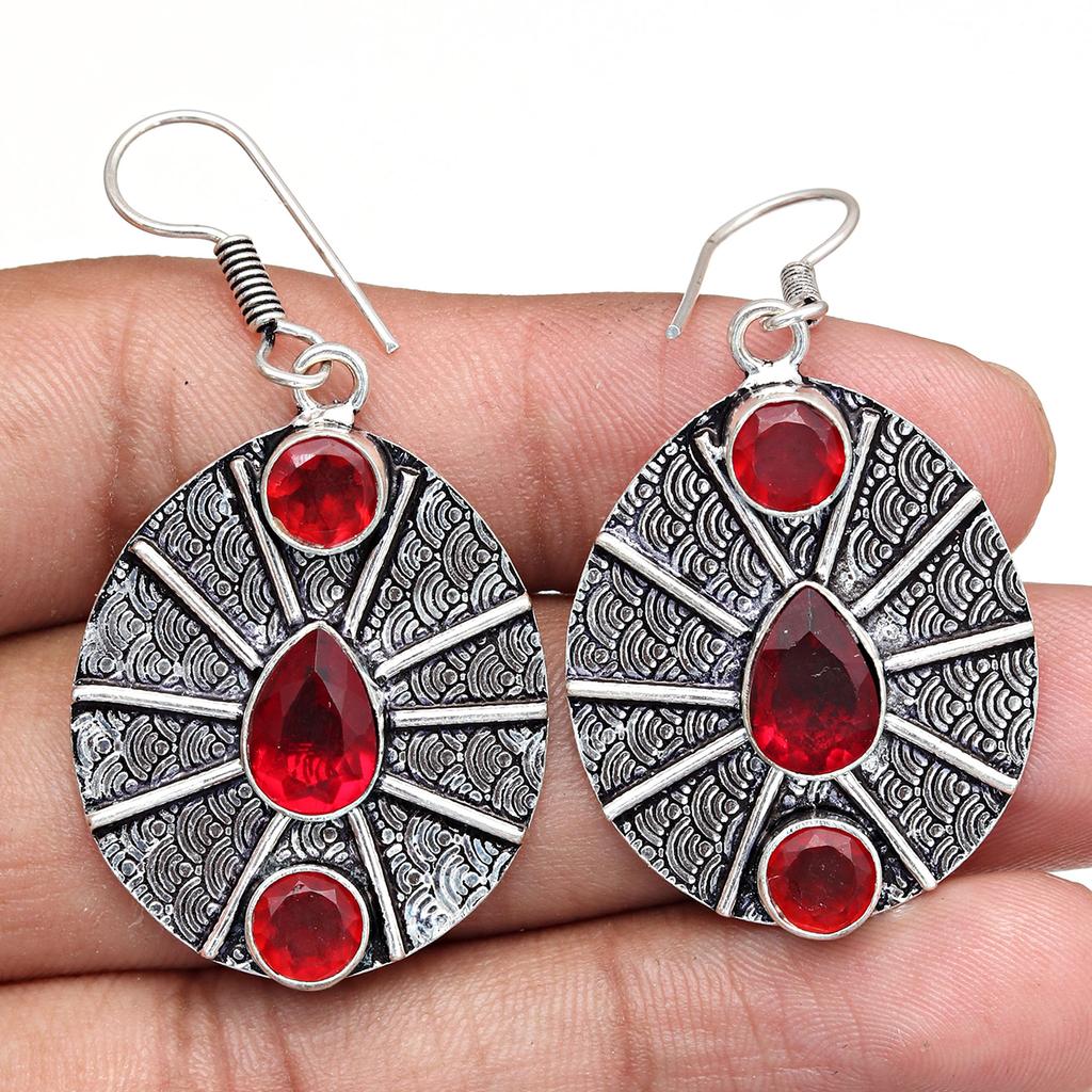 Mozambique Garnet Gemstone Unisex Women's Silver Jewelry Earring 1.5''