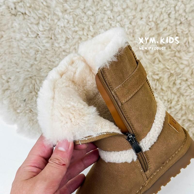 Kids Winter Warm Faux Suede Snow Boots With Buckle Strap Mid-Calf Unisex Childrens Cold Weather Footwear
