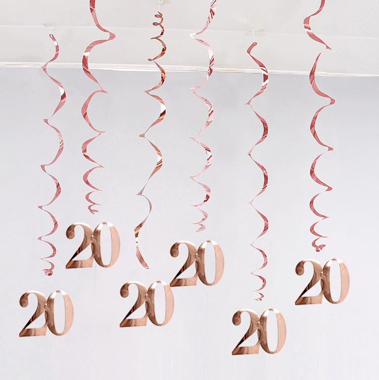 6Pcs/lot Happy Birthday Swirls Decoration 16 20 21 30 40 50 60 70 Years Rose Gold PVC Birthday Party Decorations Supplies