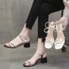New Versatile Lightweight Sandals Middle Heel Ins Rhinestone Thick Heel Strap Roman High Heel Sandals