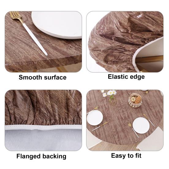 Fitted Round Table Cover Waterproof Oil Proof Tablecloth with Elastic Edges Wood Grain