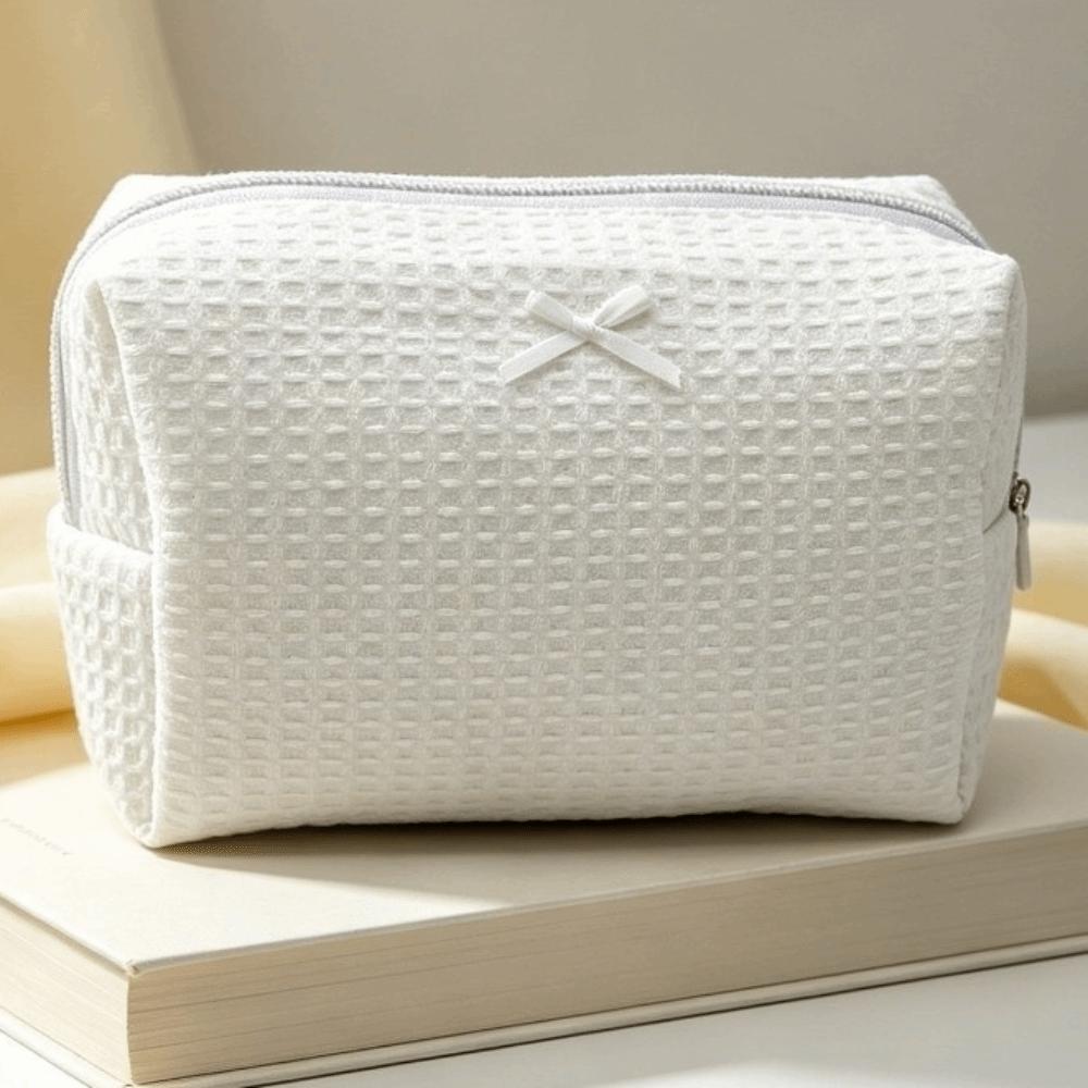 Bow Decor Cosmetic Bag Zipper Toiletry Organizer Sweet Waffle Knit Makeup Bag Travel