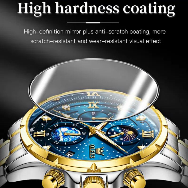 Men's Quartz Multifunctional Chronograph Watch Stainless Steel Waterproof Luminous Diamond Studded Starry Sky Watch