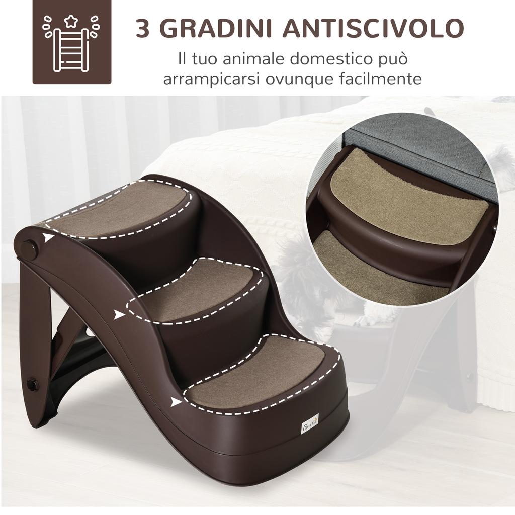 Folding Dog Ladder with 3 Non-Slip Steps in PP, 49x38x38 cm, Brown
