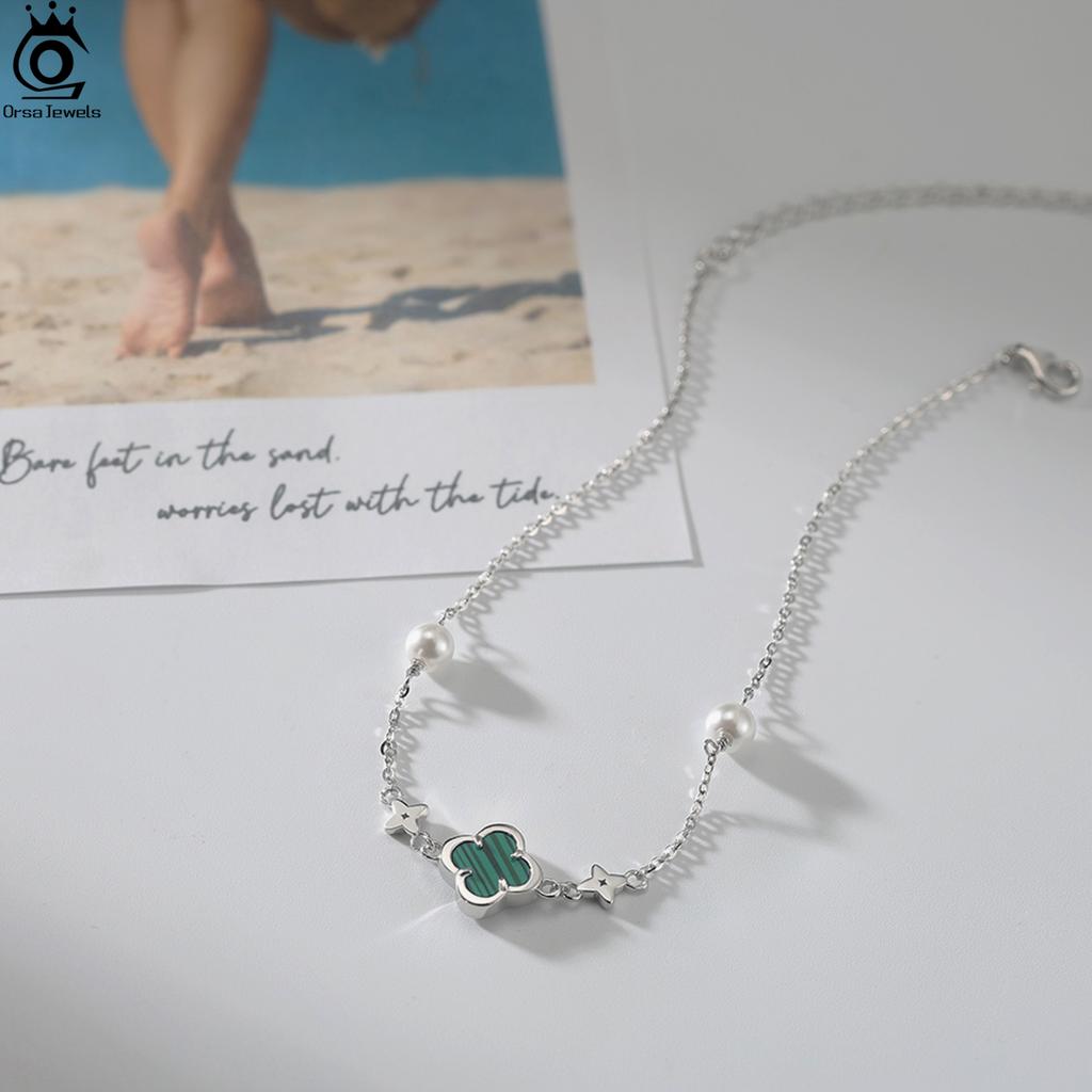 ORSA JEWELS Серебряный браслет на щиколотку из жемчуга в форме ракушки 925 пробы и Зеленый Малахит Клевер на удачу Летний Подарок GMA05
