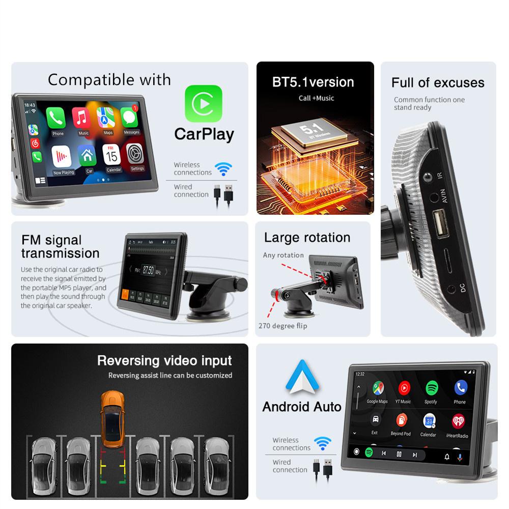 Портативный 7-дюймовый мультимедийный плеер с сенсорным экраном высокой четкости, совместимый с беспроводной системой CarPlay, Android Auto Mirror Link