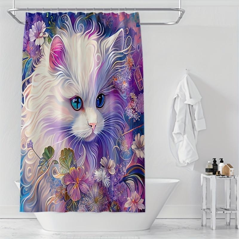 Влагостойкая шторка для душа Whimsycat - Ручная роспись, разноцветный кот, Декор для ванной комнаты с животными, Частично на подкладке, Всесезонная