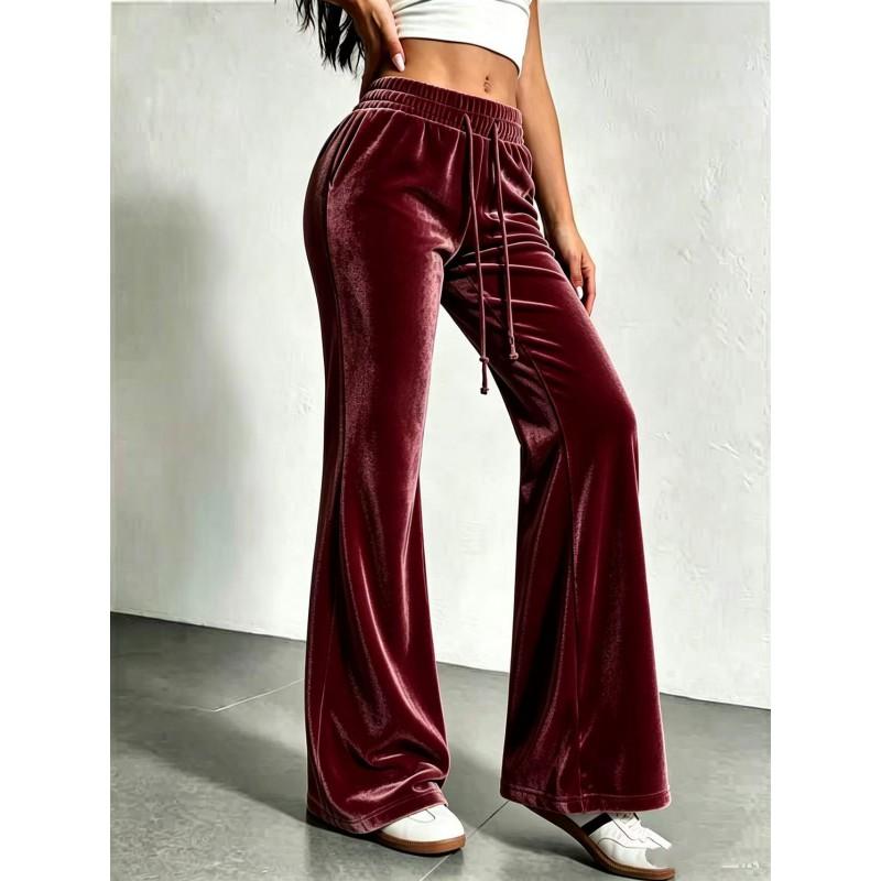 2026 Womens High Waist Drawstring Flared Trousers Casual Velvet Pants