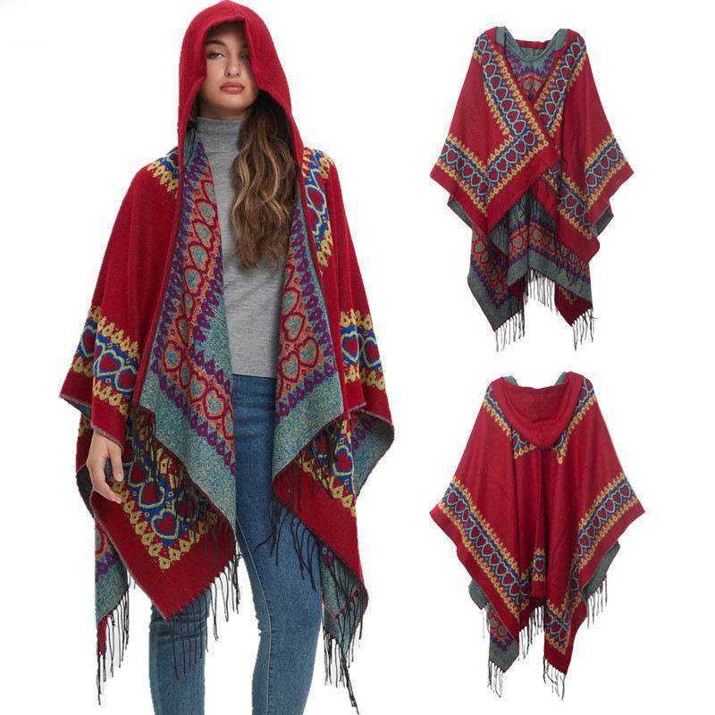 Шаль с капюшоном Love Red Tassel: Плащ в этническом стиле для весны, осени и зимы