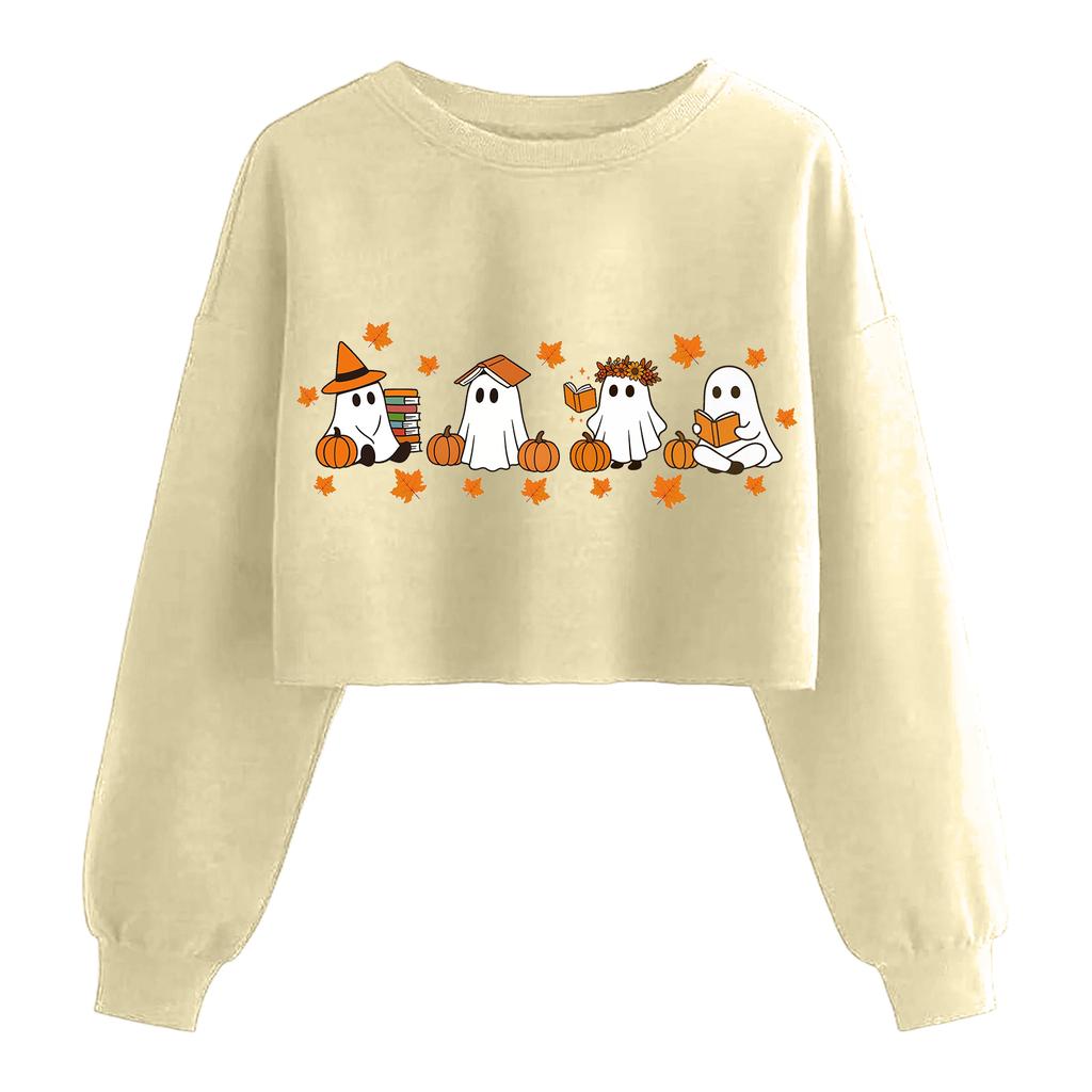 Женский модный пуловер с длинным рукавом и принтом на Хэллоуин, открывающий живот