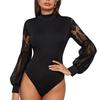 Women Bodysuit Lace Splicing Long Mesh Sleeve Mock Turtle Neck Slim Women Bodysuit Jumpsuits for