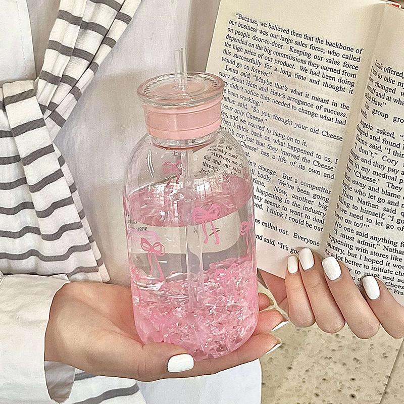 Бутылка для воды Kawaii, эстетический стакан для льда, кофе, сока, чая, симпатичные пластиковые стаканчики с бантом и крышкой-соломинкой, портативная бутылка для питья