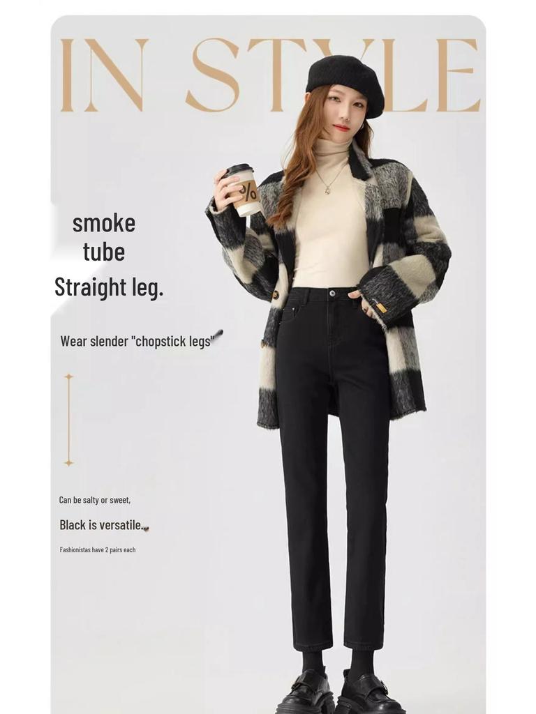 Women's Winter Velvet Cigarette Pants - High Waist, Slim Fit, Elastic, Thickened, Nine-Point Straight-Leg Jeans for Autumn and Winter 2025.