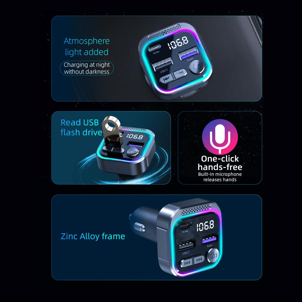 Bluetooth FM Transmitter Car Radio Modulator Quick Charger PD+QC3.0 Dual USB Phone Charger RGB Wireless Handsfree MP3 Player Kit