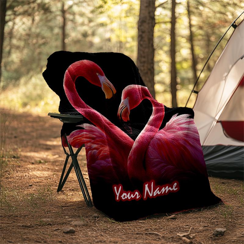 1PC Custom Name Pink Flamingo Heart outdooor Flannel blankets Patterns Throw Blanket All-Season Soft Gift for Couch, Bed, Camping gifts