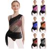 Girls Lyrical Dance Dress Color Block Design Sheer Mesh Ruched Overlay Asymmetrical Glittery Rhinestones Dress