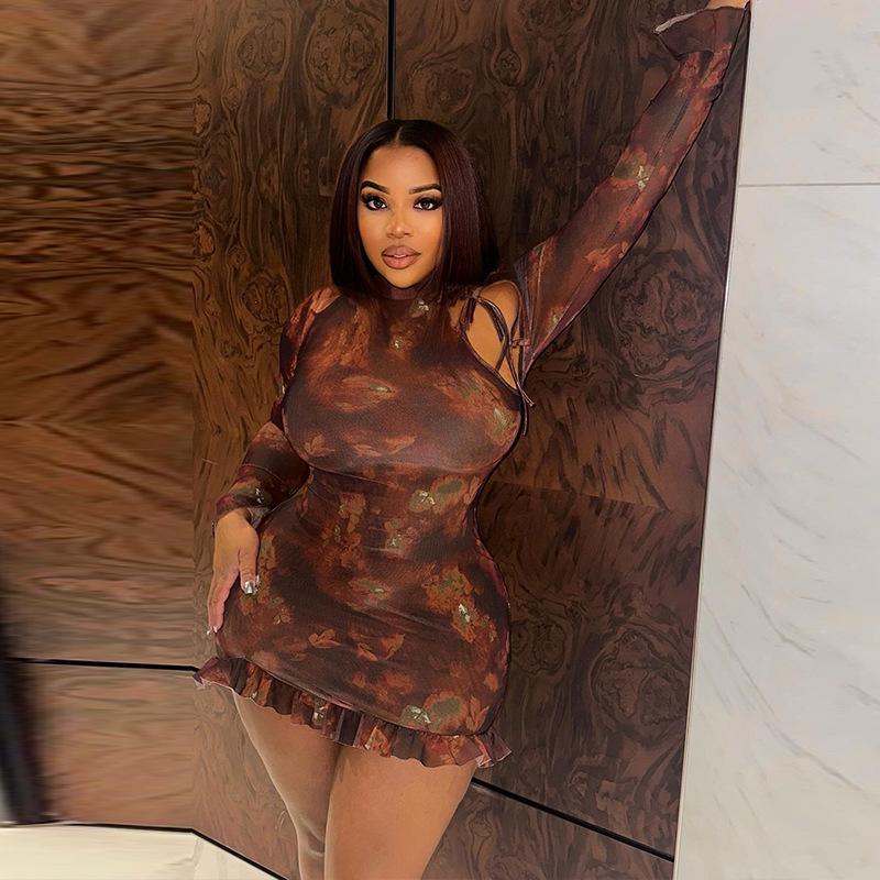 Модное женское платье с принтом в европейском и американском стиле, короткая юбка в стиле ретро с длинными рукавами и круглым вырезом, юбка со шнуровкой и запахом на бедрах для женщин