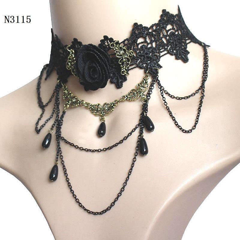 Хэллоуин Женщины Девушка Ретро Готический Панк Стиль Ожерелье Браслеты Черное Кружево Шеи Цепи Воротник Заявление Колье Викторианский Стимпанк Ювелирные Изделия