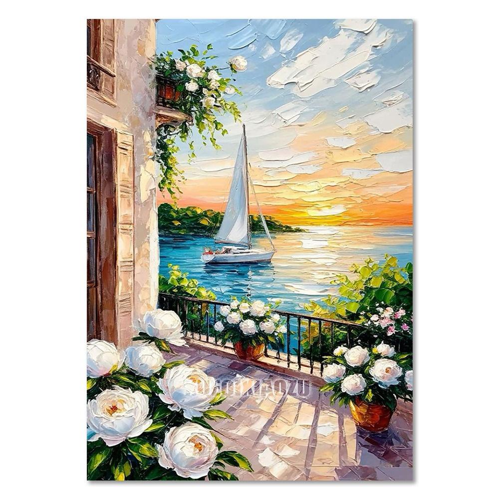Морской парусник 5D Набор для алмазной живописи Вид на горы Цветочный дом Мозаика Вышивка крестом Сделай сам Домашний декор Подарок для взрослых начинающих