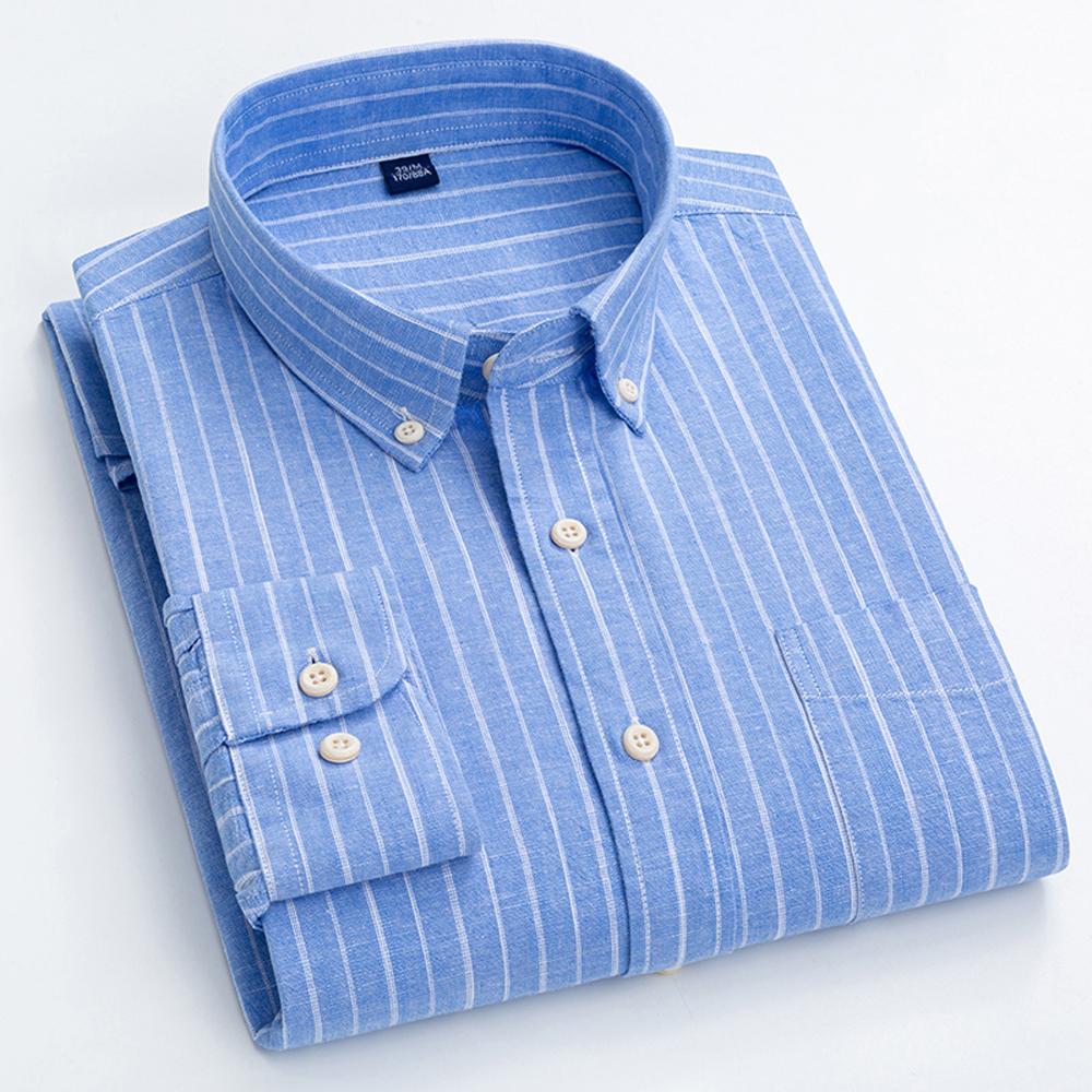 Men's Classic Fit Casual Plaid Linen Cotton Shirt Single Pocket Button-down Comfortable Soft Long Sleeve Stripe Checked Shirts