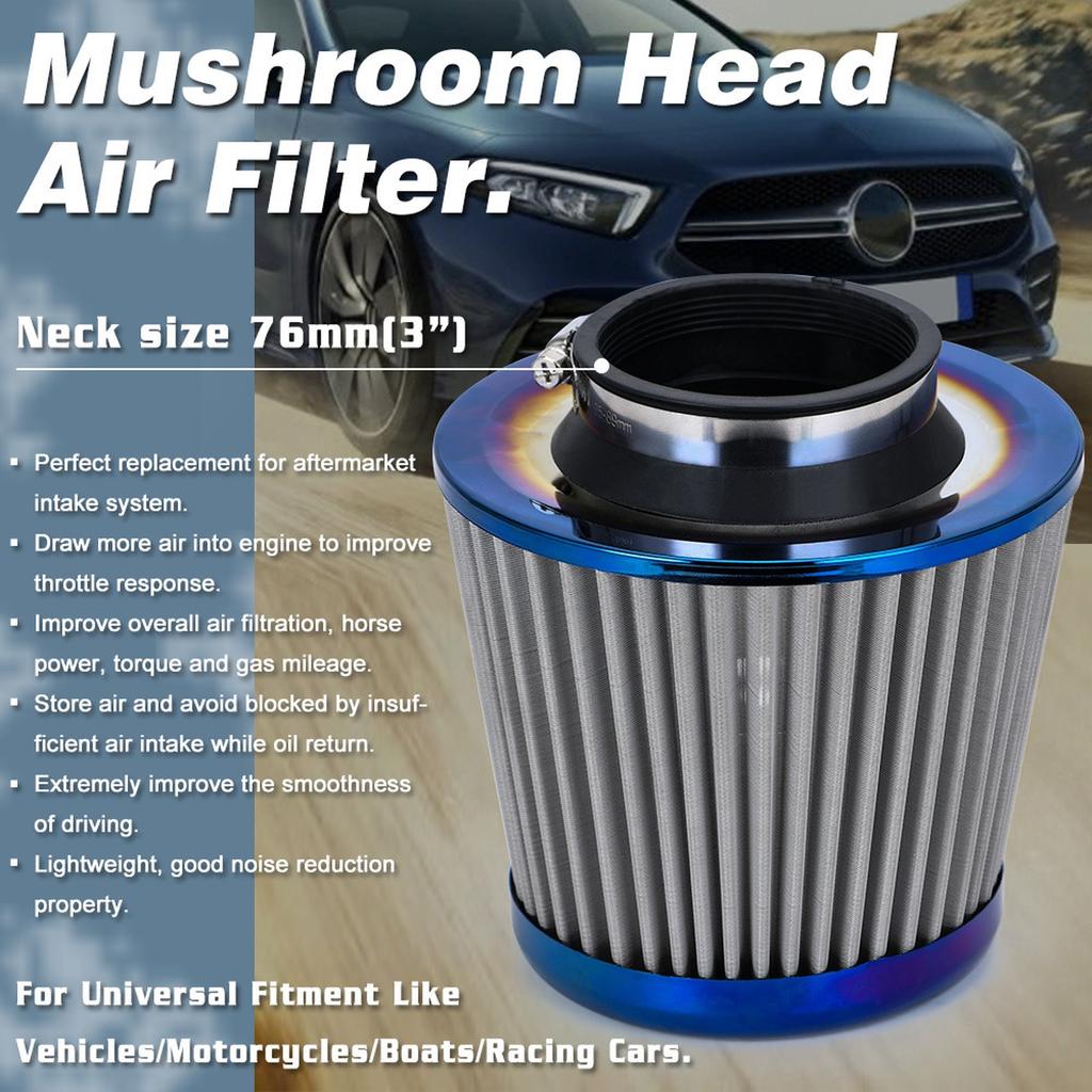  Blue 3" 76mm Power Intake High  Cold  Intake Filter Cleaner Racing Car  Filter Universal AIT27