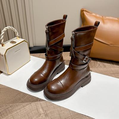 Ботинки Женские Ботинки Мартин Кожаные Ботинки на Молнии Спереди Средние Ботинки Локомотивы Весенне-Осенние Короткие Ботинки Тренд
