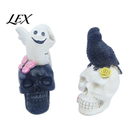 Artistic Home Ornament Gothic Halloween Skull Figurine, Spooky Ghost/Raven on Statue, Atmosphere Props Resin Tabletop for Desk, Mantel, Shelf