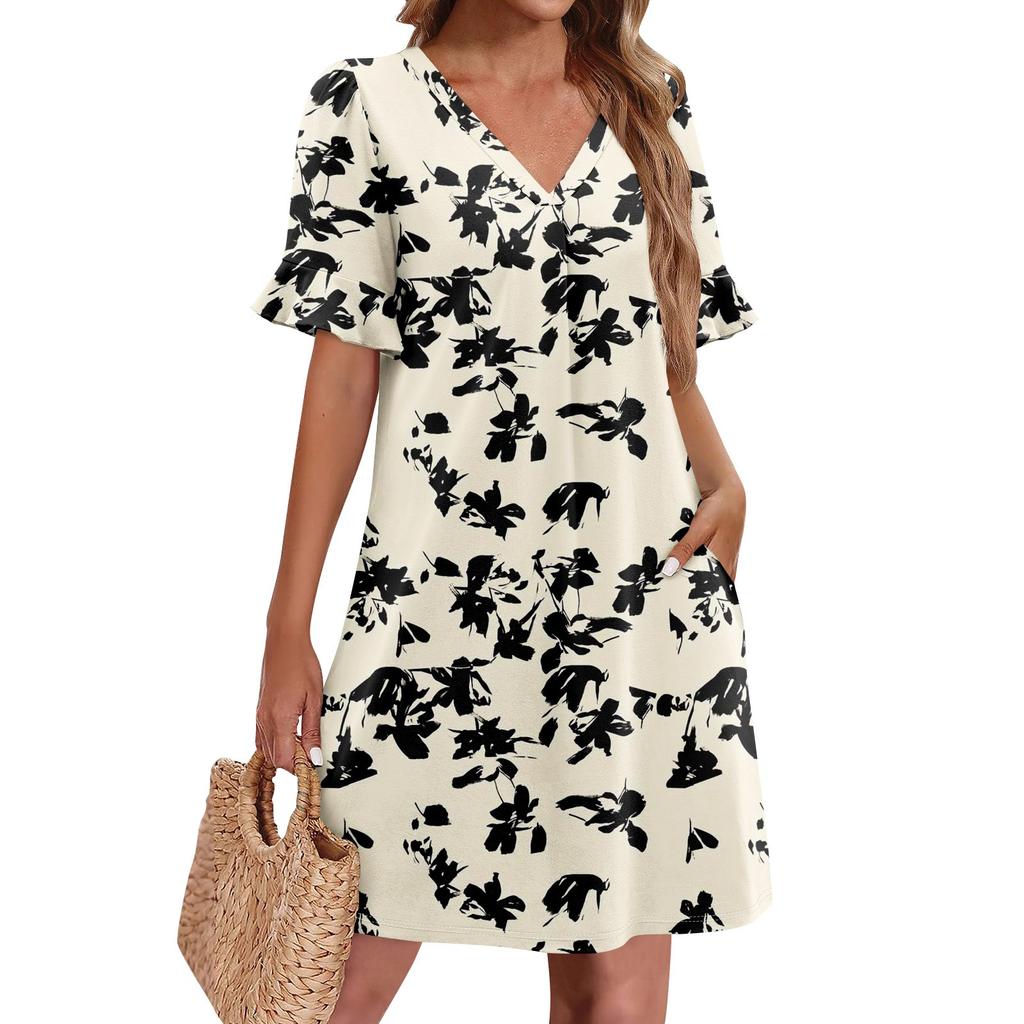 Летние платья для женщин с V-образным вырезом, оборками и коротким рукавом, повседневное свободное платье с принтом, пляжное платье с карманами