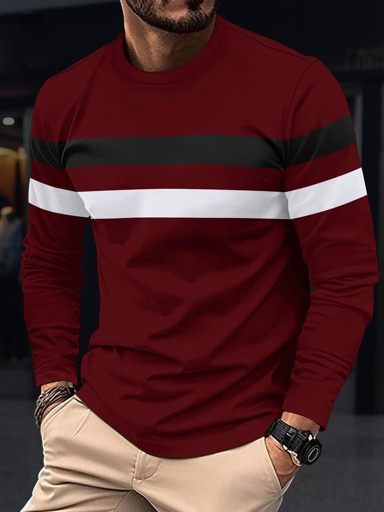 Plus Size Men's Color Block Crew Neck Long Sleeve Base Layer Pullover for Autumn & Winter