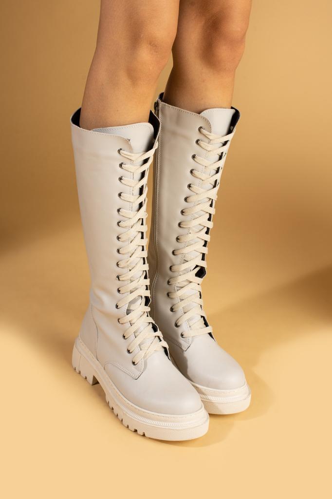 Удобные женские ботинки ниже колена на толстой подошве со шнуровкой и молнией 59-904-24