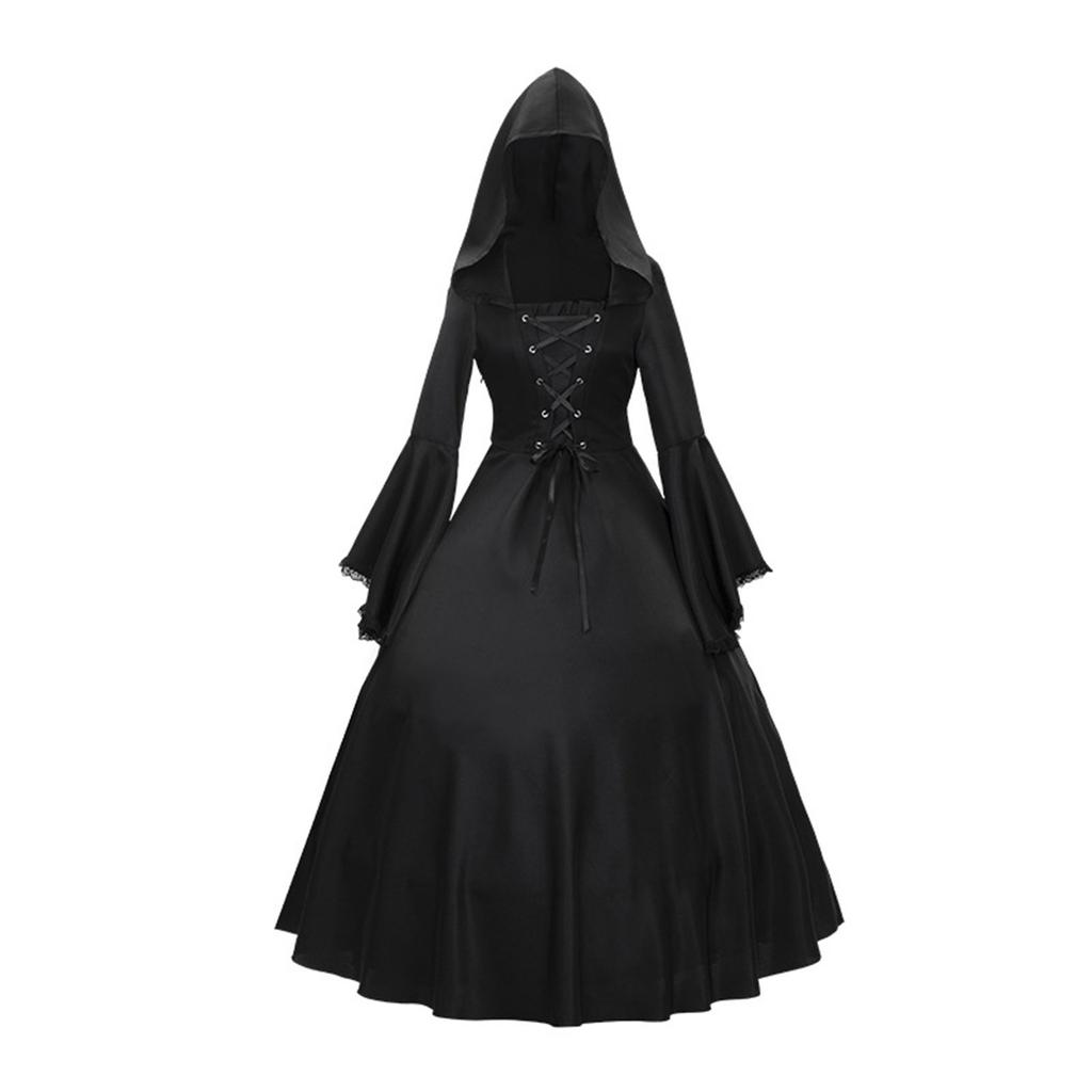 Women's Retro Gothic Long Sleeve Hooded Dress Lace Flare Sleeve Dress