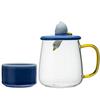 400ml Heat-resistant Glass Mug with Blue Wave-patterned Lid (with Diving Duck Decorative Handle) and Blue Lid Holder