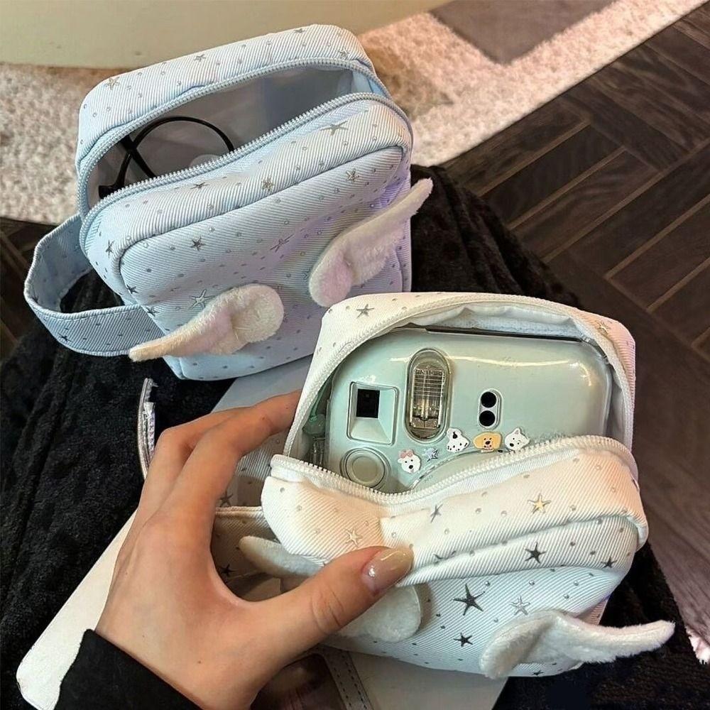 Mini Size Makeup Bag for Women with Handle Star Pattern Travel Cosmetic Organizer Multi-Purpose Wings Patchwork