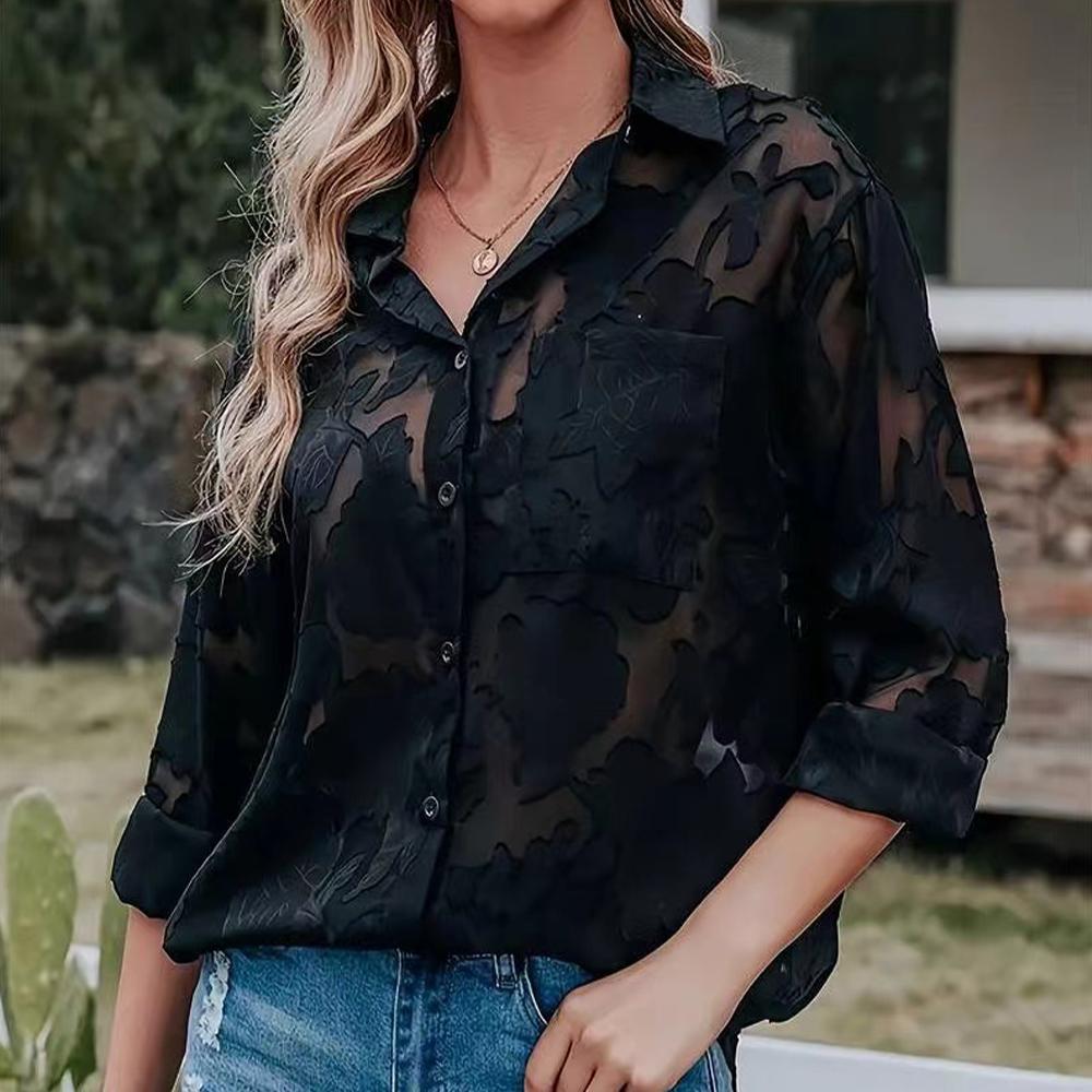 Весна, лето и осень, модная женская рубашка из шифона и жаккарда больших размеров, однотонная повседневная рубашка