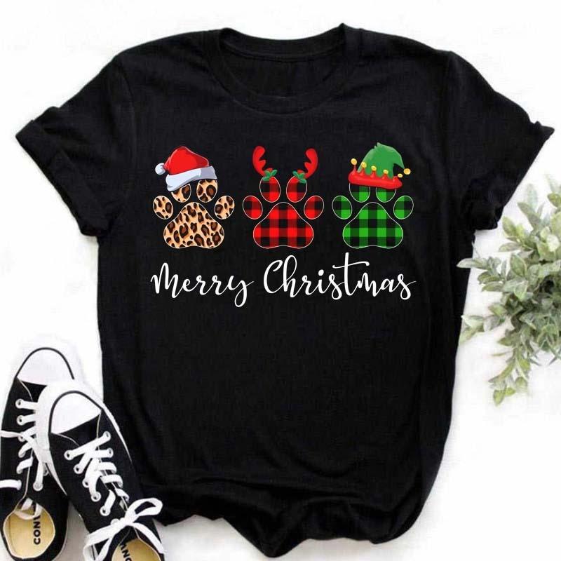 Womens Black Dog Claw Printed Tshirt Leopard Love Printed Christmas Reindeer Design Short Sleeve Casual Holiday Tshirt