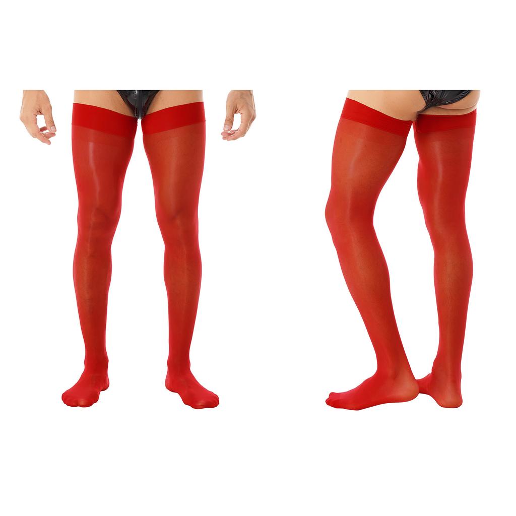 Men Glossy See-through Stockings Thin Shiny Solid Color Stretchy Sheer Thigh High Socks