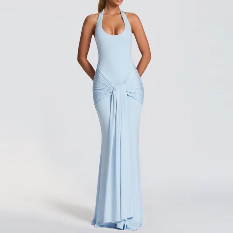 2026 Европейское и американское spliced ribbon camisole halterneck slim fit длинное платье