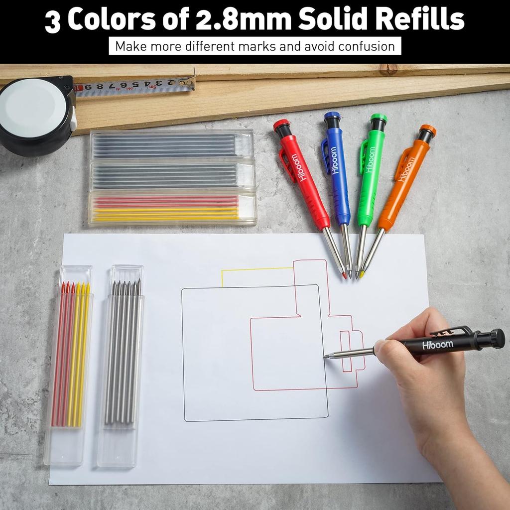 Hiboom 5 Pcs Mechanical Carpenter Pencil, 30 Pcs Refills Needle Nose Tip Hole Marker with Built in Sharpener, Scribe Making Tools for Woodworking,