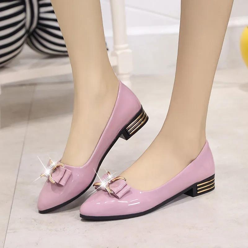 Heel Bow Knot Pumps Low Lacquer Leather Glossy Surface Womens Pointed Toe Shallow Mouth Slipon Simple Casual Commuting Work Shoes