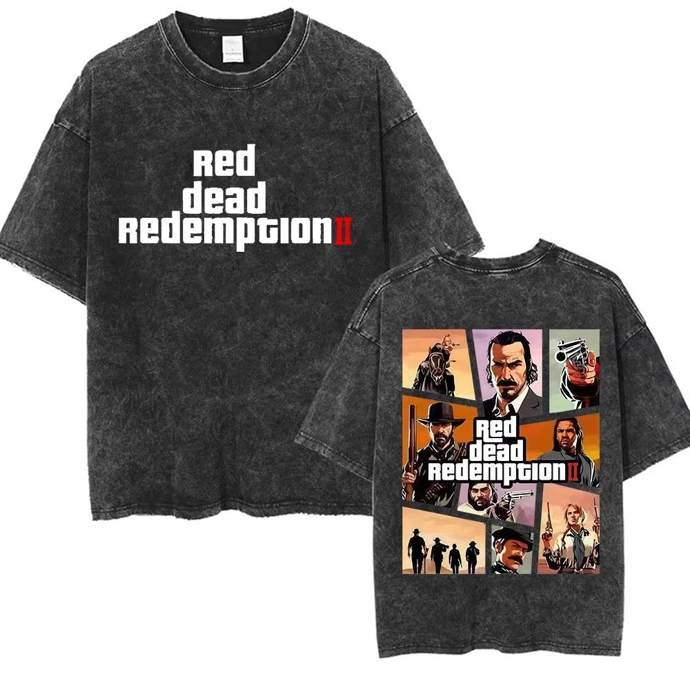 Винтажная футболка оверсайз с коротким рукавом, кислотной стирки, с логотипом Red Dead Redemption 2 и двусторонним графическим принтом Артура Моргана