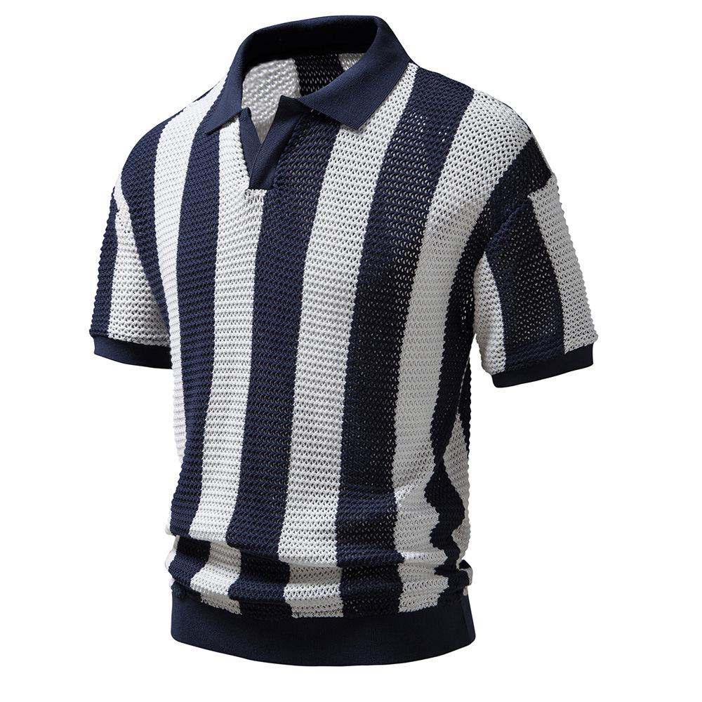 European and American Style Men's Summer Hollow Mesh Polo Shirt Fashion Striped Short Sleeves Net T-Shirt