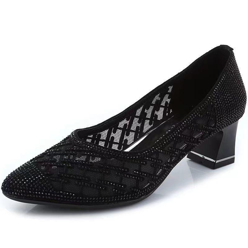 Летние сандалии-сетка со стразами, с острым носком, на среднем каблуке, с юбкой, женская модная обувь